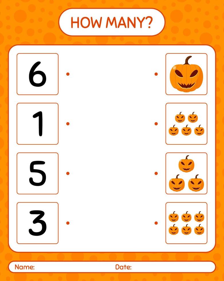 How many counting game with jack o' lantern. worksheet for preschool kids, kids activity sheet vector