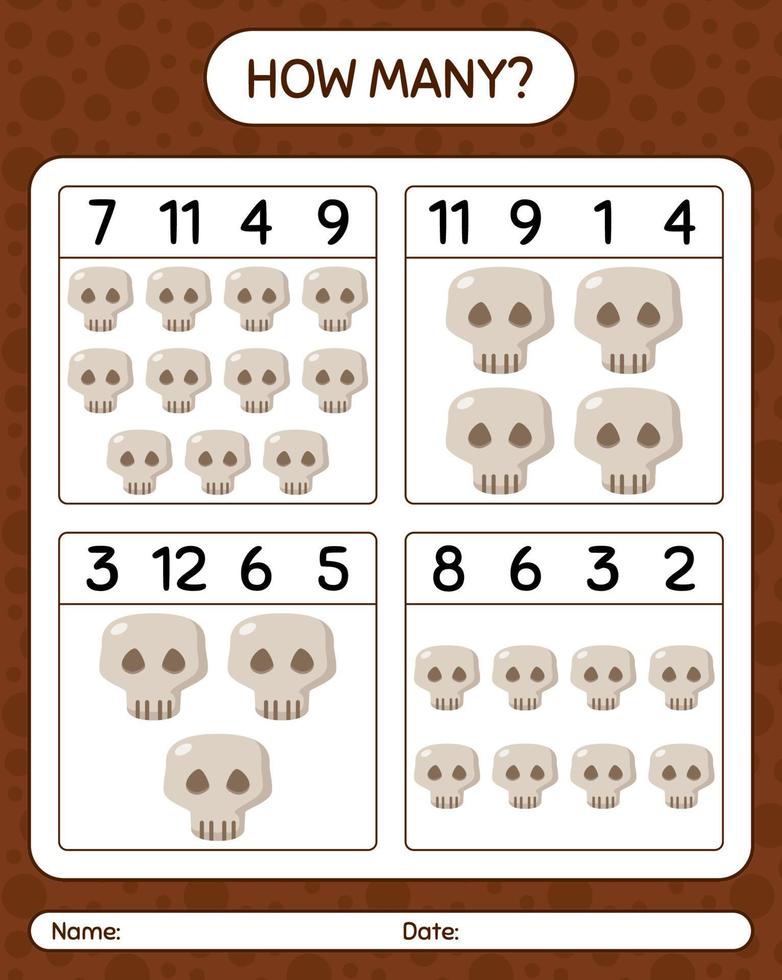 How many counting game with skull. worksheet for preschool kids, kids activity sheet vector
