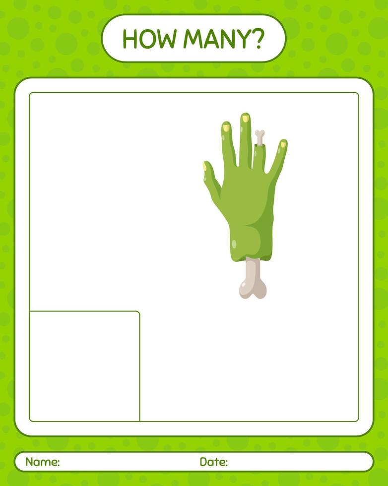 How many counting game with zombie's hand. worksheet for preschool kids, kids activity sheet vector