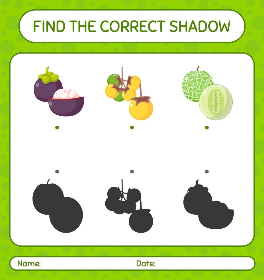 encuentra el juego de sombras correcto con frutas. hoja de trabajo para niños en edad preescolar, hoja de actividades para niños vector