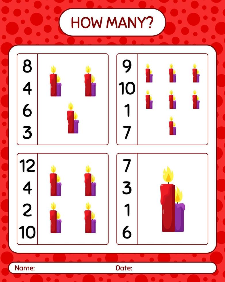 How many counting game with candle. worksheet for preschool kids, kids activity sheet vector