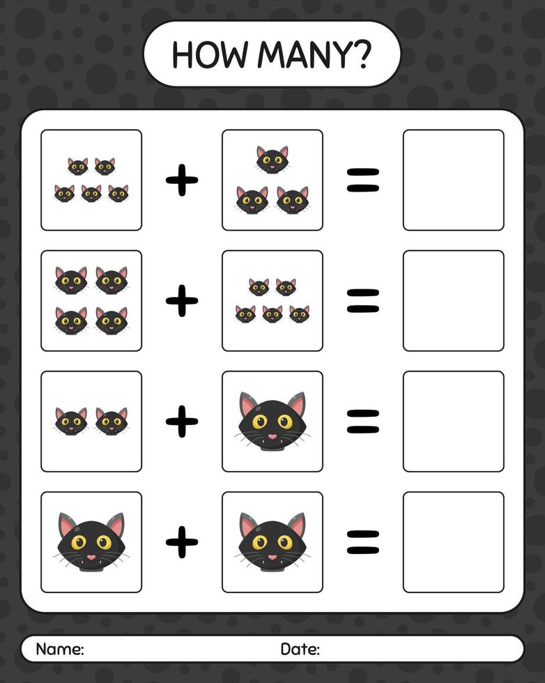 How many counting game with cat. worksheet for preschool kids, kids activity sheet vector