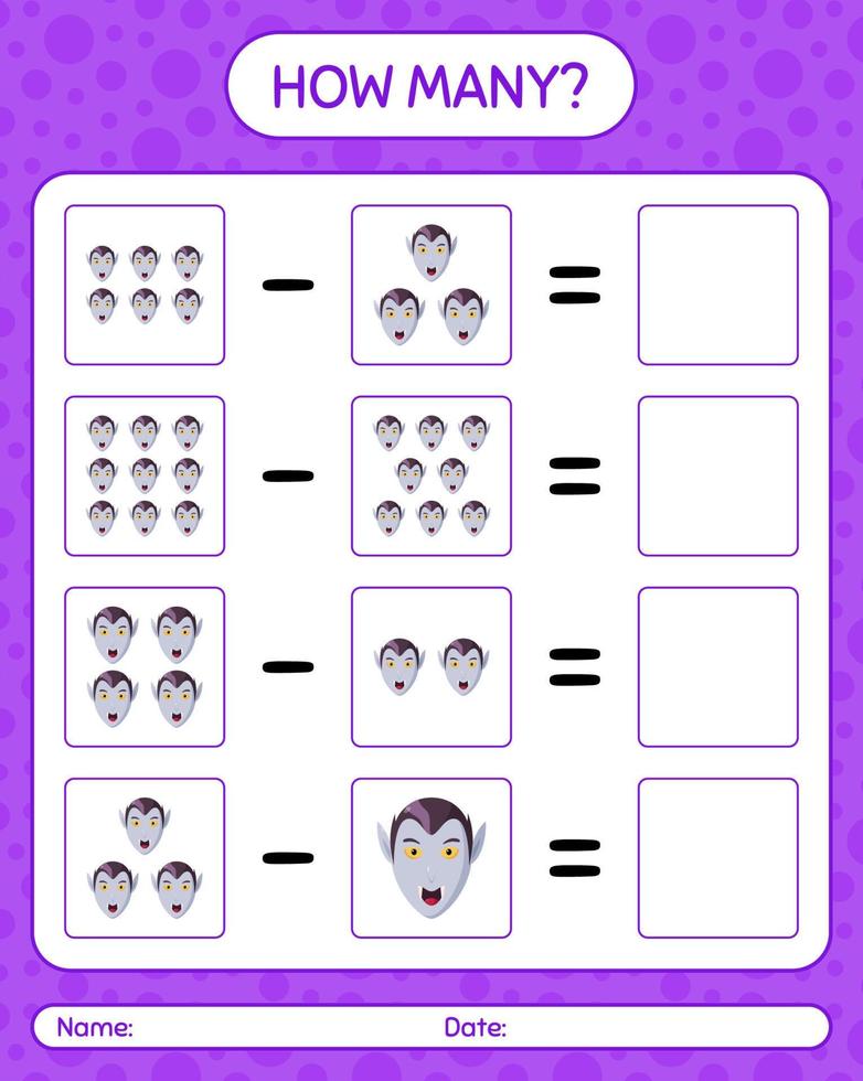 How many counting game with vampire. worksheet for preschool kids, kids activity sheet vector