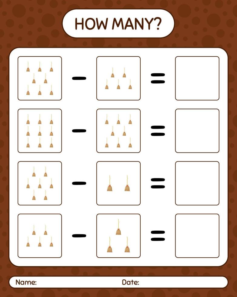 How many counting game with broom. worksheet for preschool kids, kids activity sheet vector