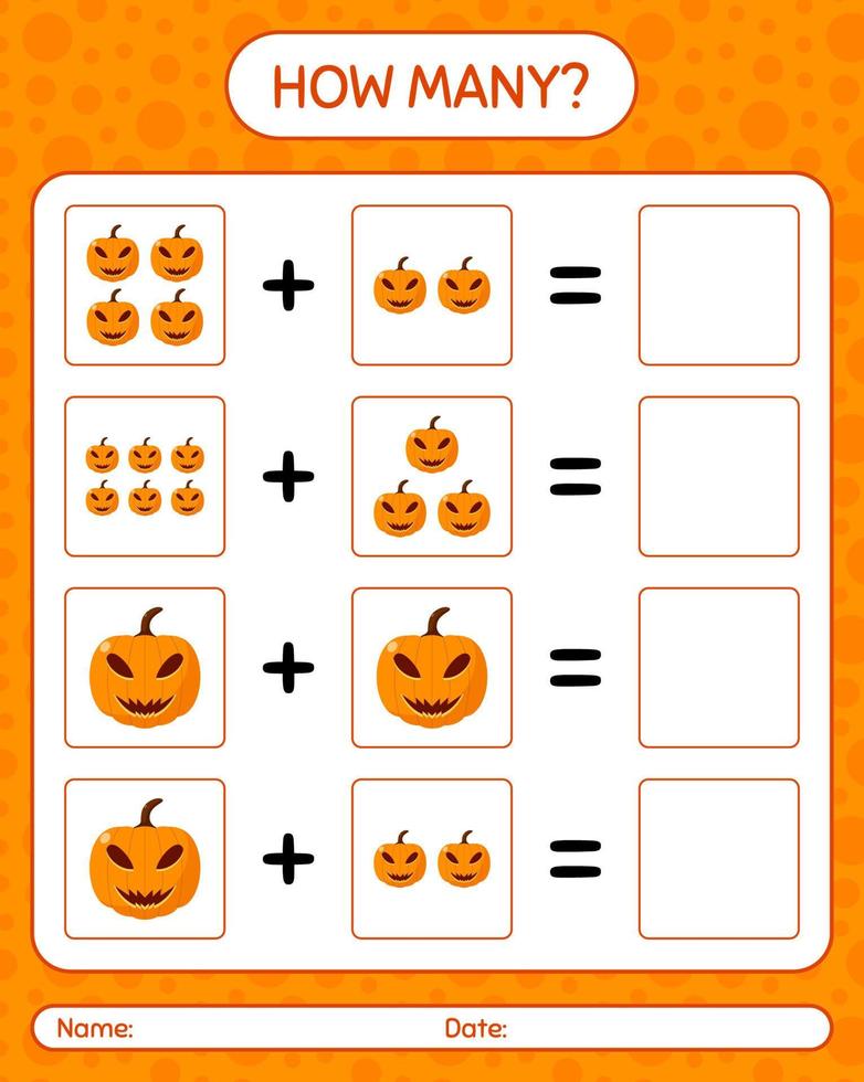 How many counting game with jack o' lantern. worksheet for preschool kids, kids activity sheet vector