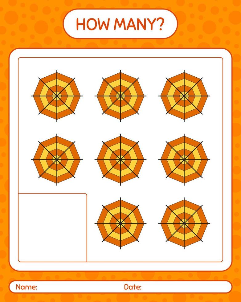 How many counting game with spider web. worksheet for preschool kids, kids activity sheet vector