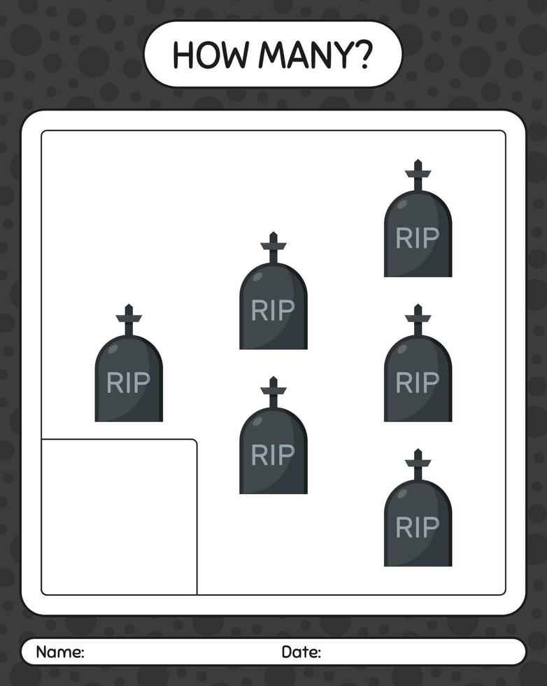 How many counting game with tombstone. worksheet for preschool kids, kids activity sheet vector