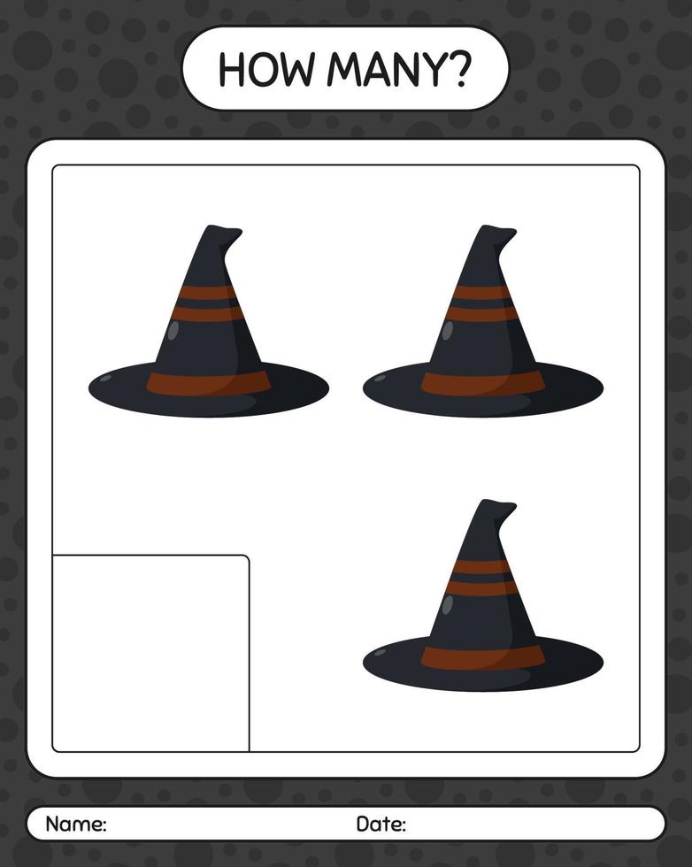 How many counting game with witch's hat. worksheet for preschool kids, kids activity sheet vector