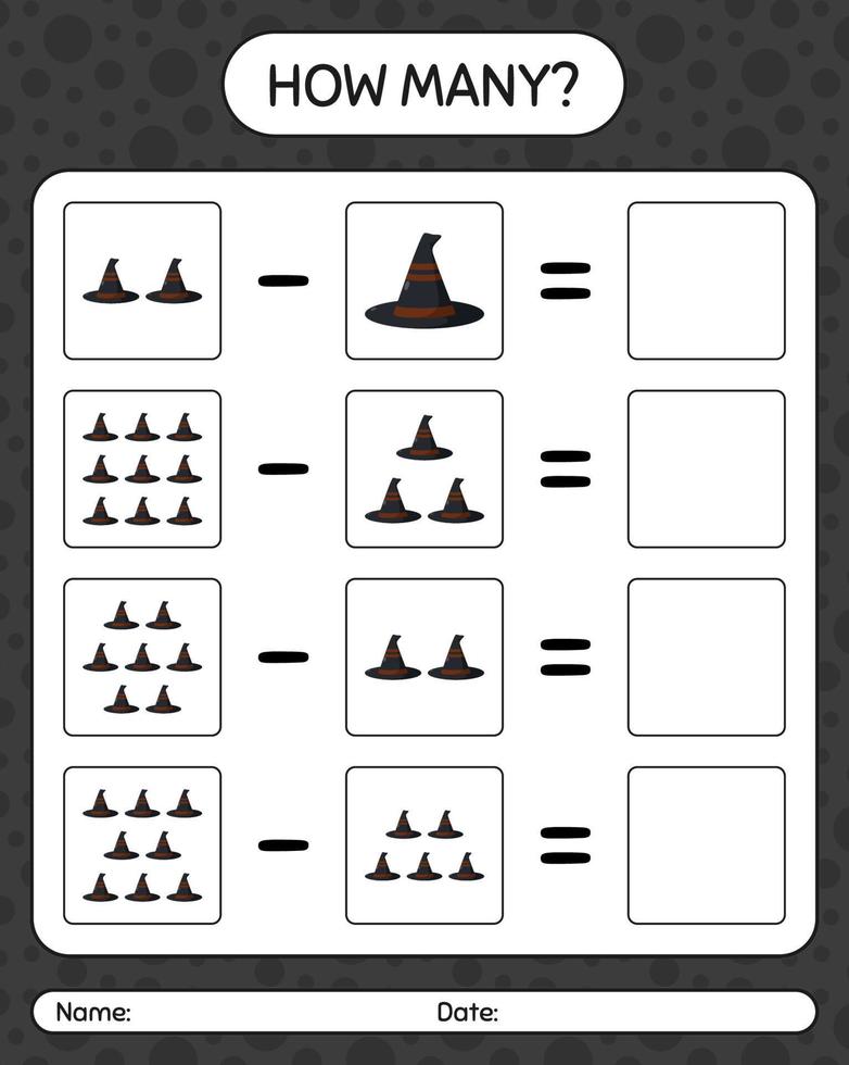 How many counting game with witch's hat. worksheet for preschool kids, kids activity sheet vector