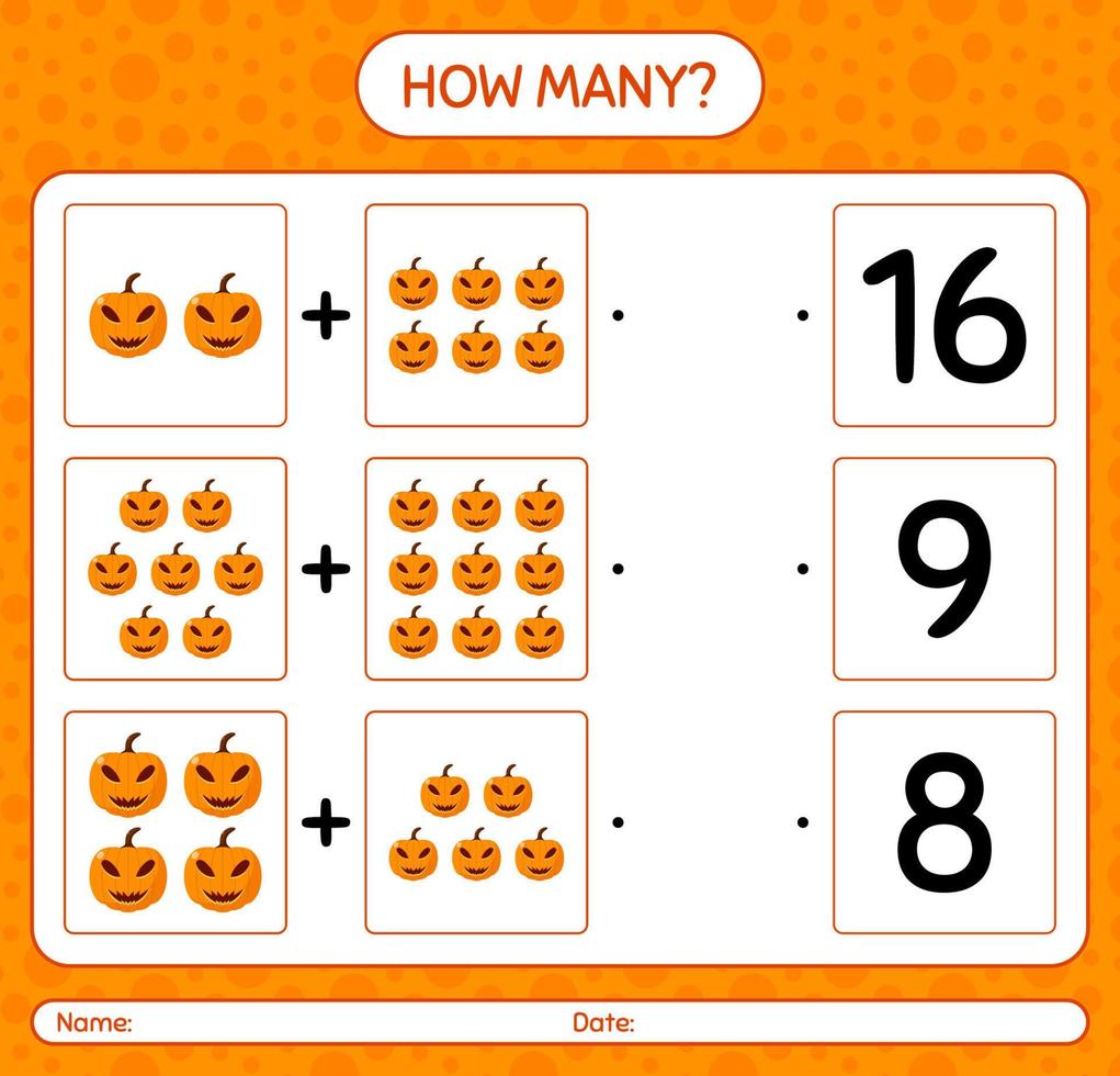 How many counting game with jack o' lantern. worksheet for preschool kids, kids activity sheet vector