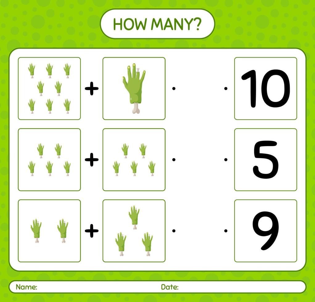 How many counting game with zombie's hand. worksheet for preschool kids, kids activity sheet vector