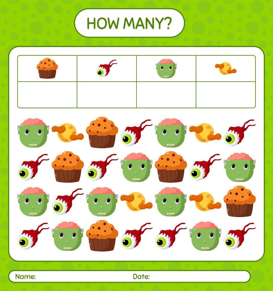 How many counting game with halloween icon. worksheet for preschool kids, kids activity sheet vector