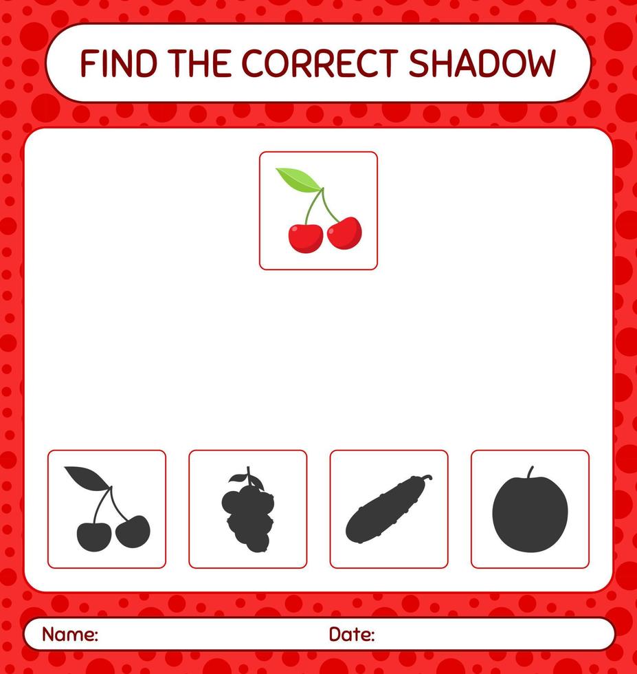 Find the correct shadows game with cherry. worksheet for preschool kids, kids activity sheet vector
