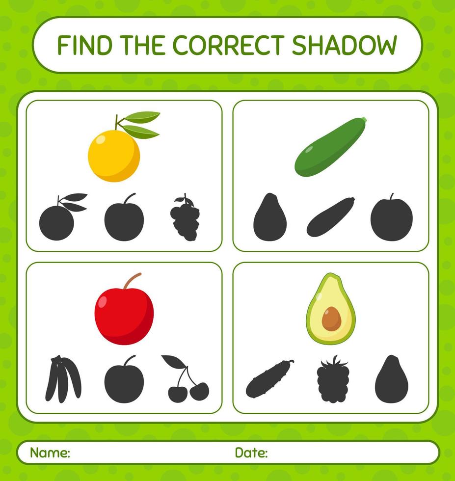 encuentra el juego de sombras correcto con frutas. hoja de trabajo para niños en edad preescolar, hoja de actividades para niños vector