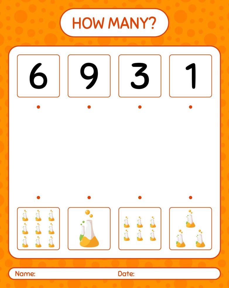 How many counting game with chemistry tube. worksheet for preschool kids, kids activity sheet vector