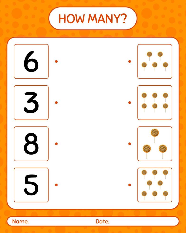 How many counting game with lollipop. worksheet for preschool kids, kids activity sheet vector