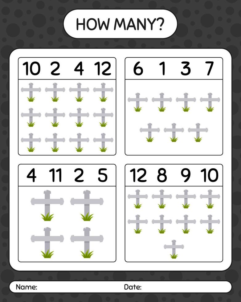 How many counting game with tombstone. worksheet for preschool kids, kids activity sheet vector