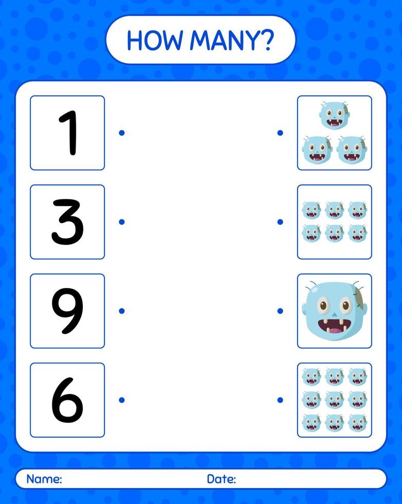 How many counting game with zombie. worksheet for preschool kids, kids activity sheet vector