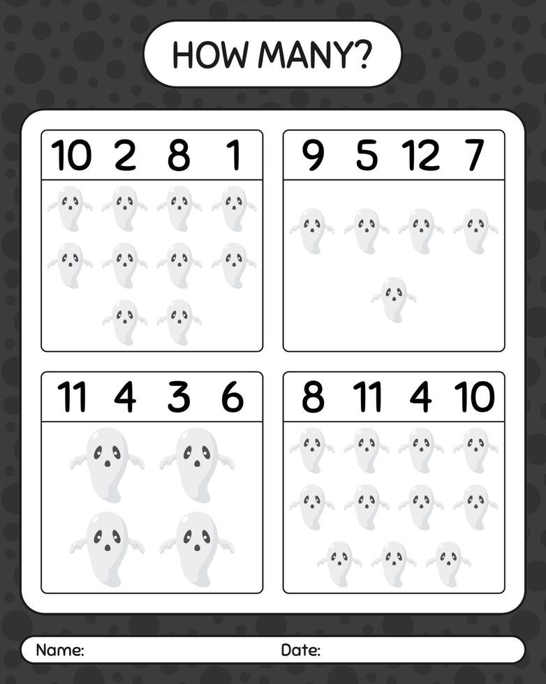 How many counting game with ghost. worksheet for preschool kids, kids activity sheet vector