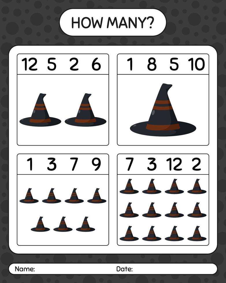 How many counting game with witch's hat. worksheet for preschool kids, kids activity sheet vector