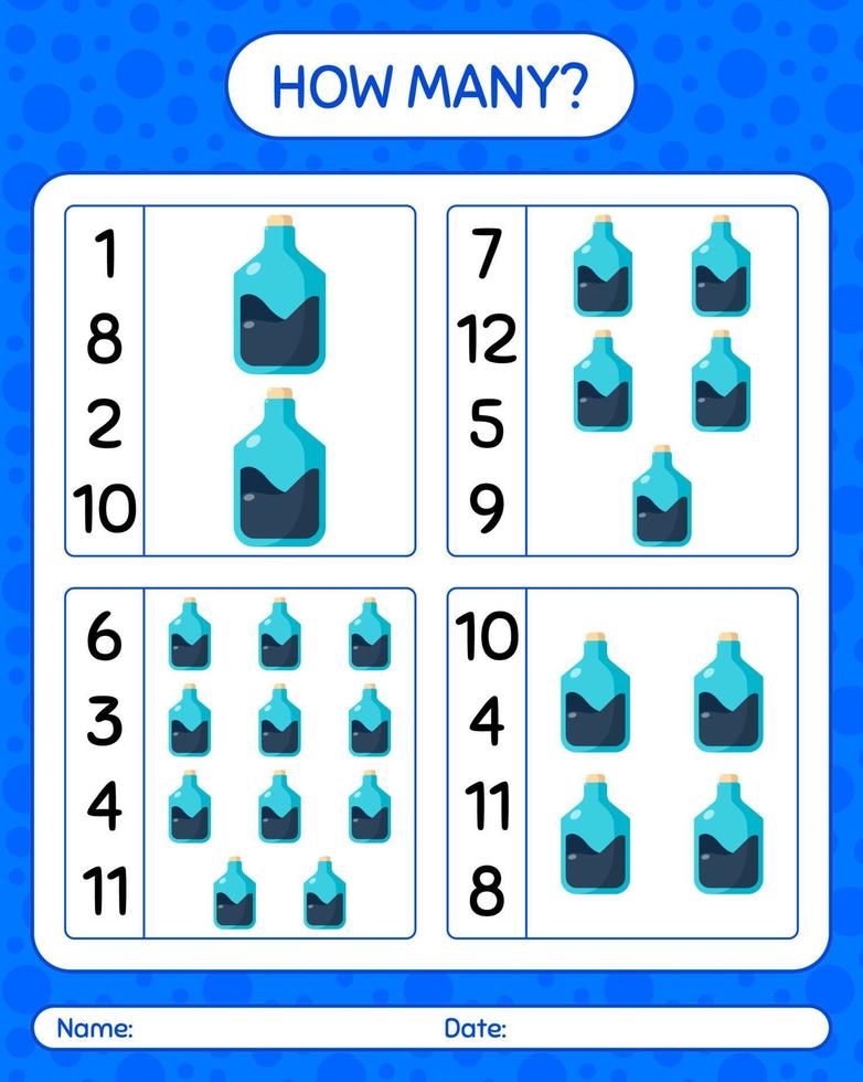 How many counting game with chemistry tube. worksheet for preschool kids, kids activity sheet vector