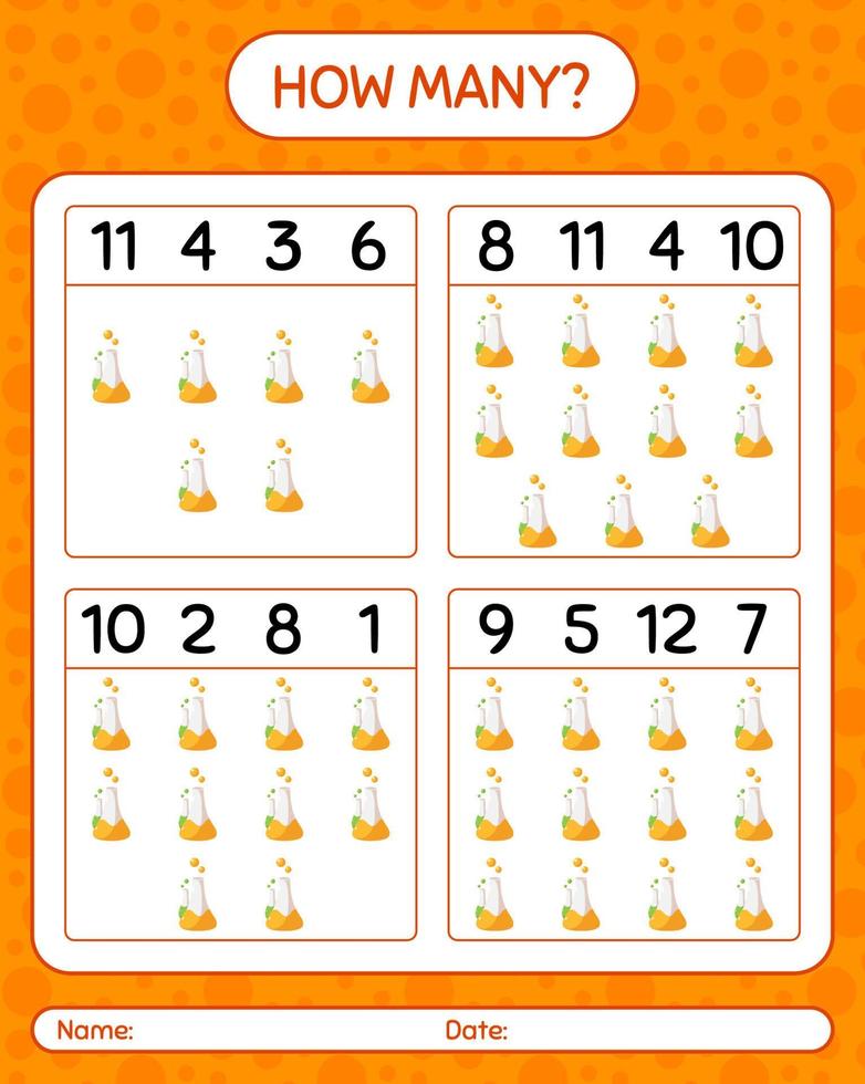 How many counting game with chemistry tube. worksheet for preschool kids, kids activity sheet vector