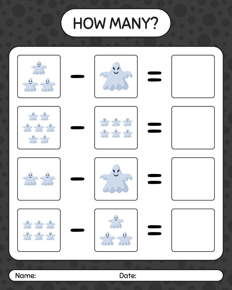 How many counting game with ghost. worksheet for preschool kids, kids activity sheet vector