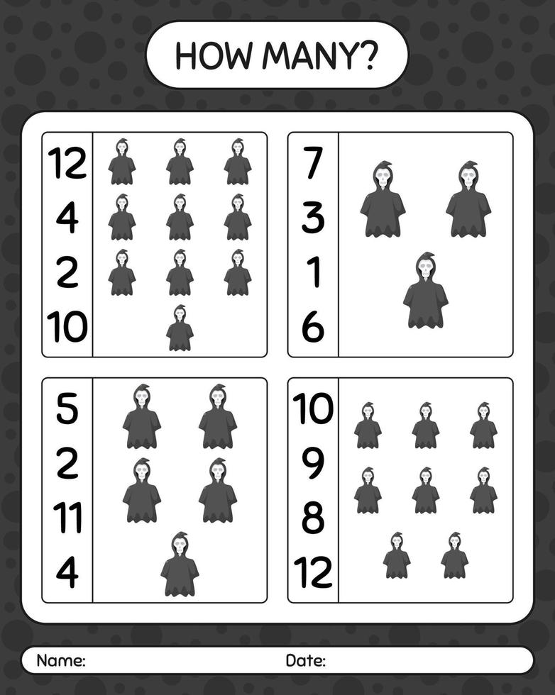 How many counting game with grim reaper. worksheet for preschool kids, kids activity sheet vector