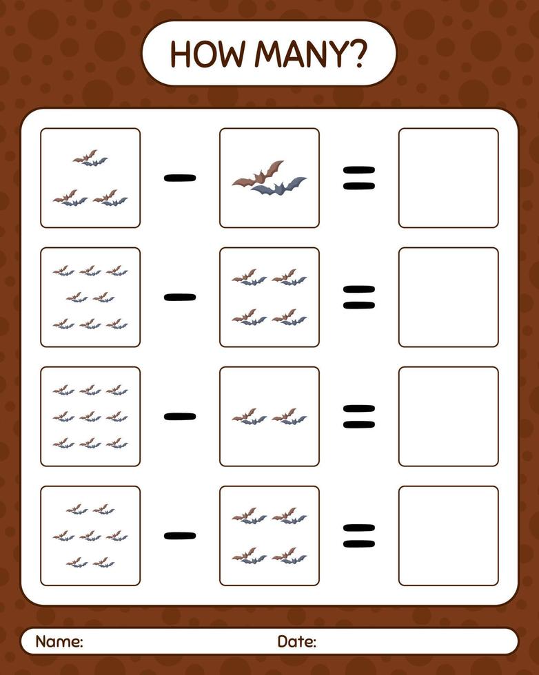 How many counting game with bat. worksheet for preschool kids, kids activity sheet vector