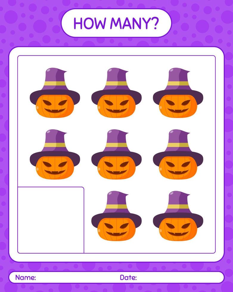 How many counting game with jack o' lantern. worksheet for preschool kids, kids activity sheet vector