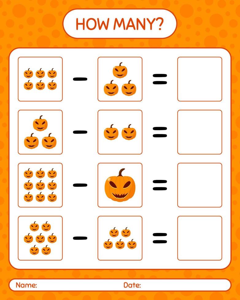 How many counting game with jack o' lantern. worksheet for preschool kids, kids activity sheet vector