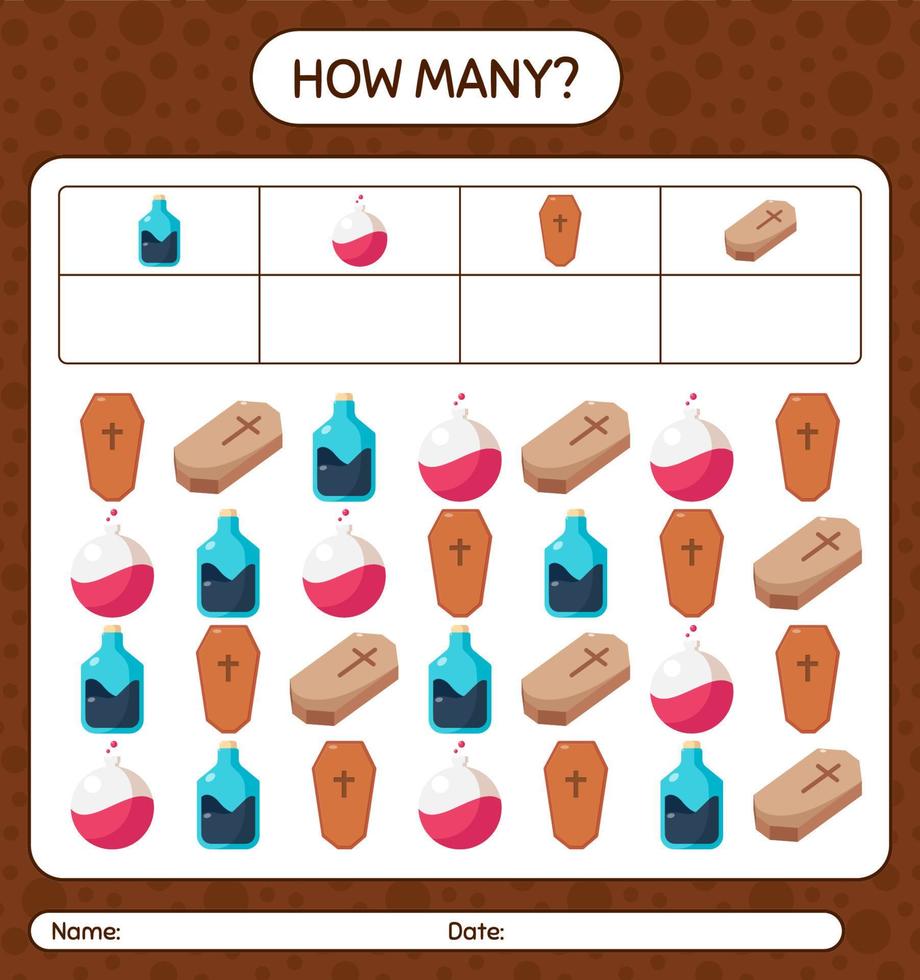 How many counting game with halloween icon. worksheet for preschool kids, kids activity sheet vector