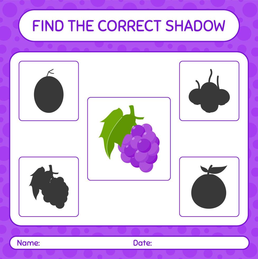 Find the correct shadows game with grape. worksheet for preschool kids, kids activity sheet vector