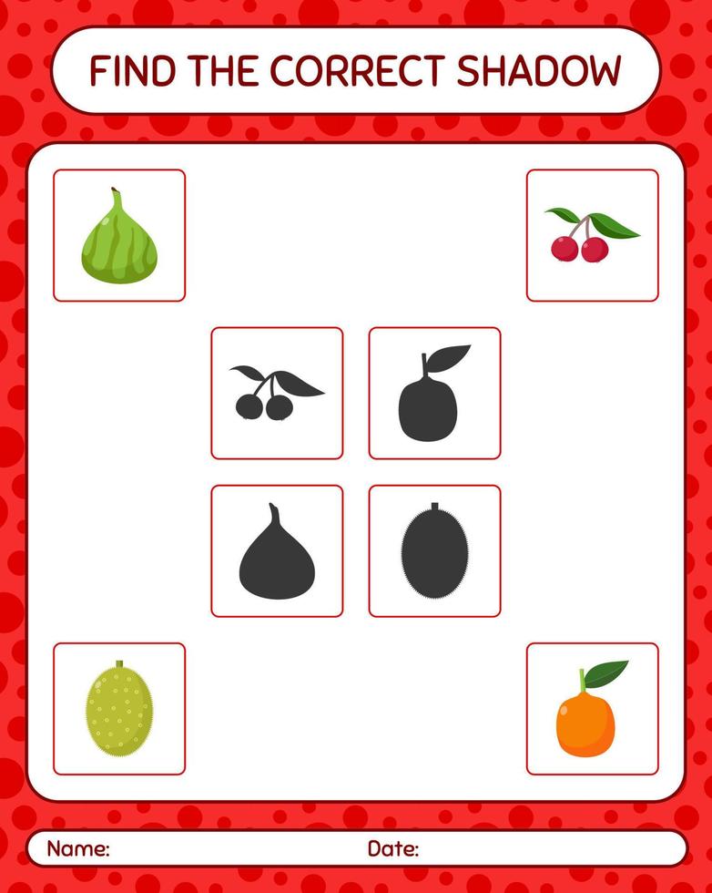 Find the correct shadows game with fruits. worksheet for preschool kids, kids activity sheet vector