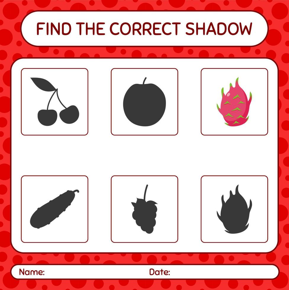 Find the correct shadows game with dragonfruit. worksheet for preschool kids, kids activity sheet vector