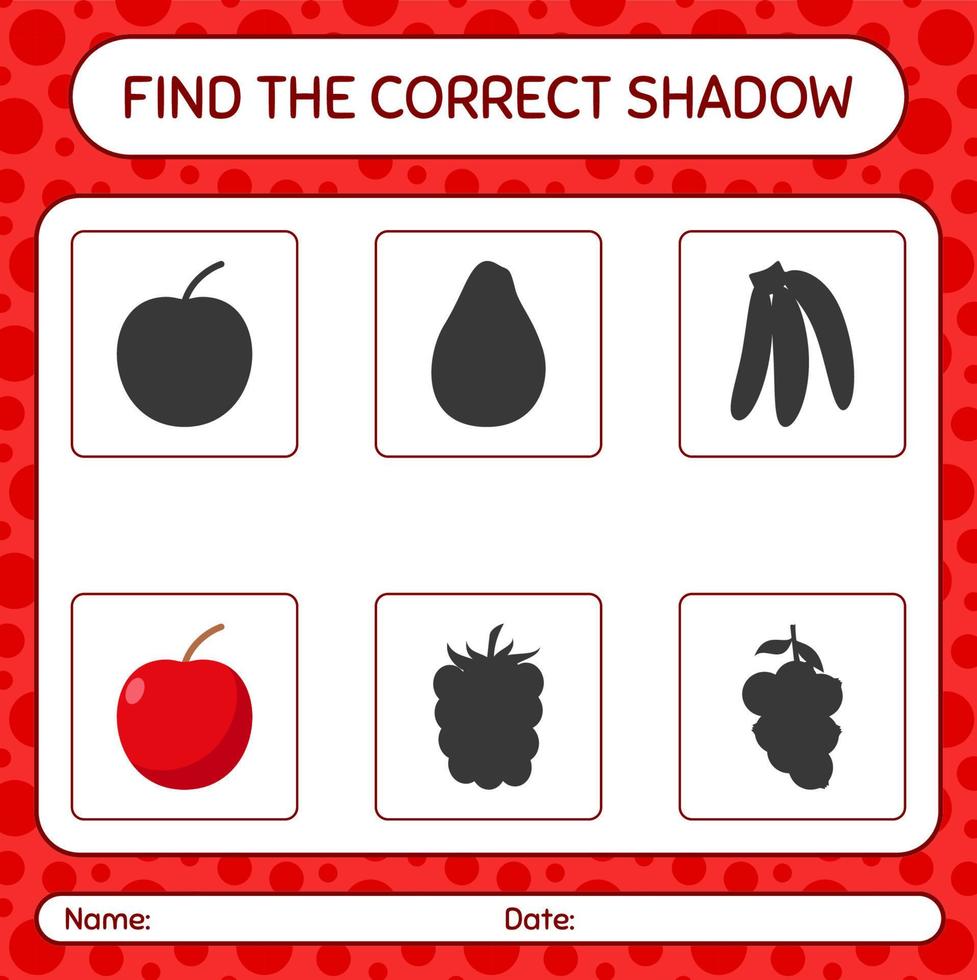 Find the correct shadows game with apple. worksheet for preschool kids, kids activity sheet vector