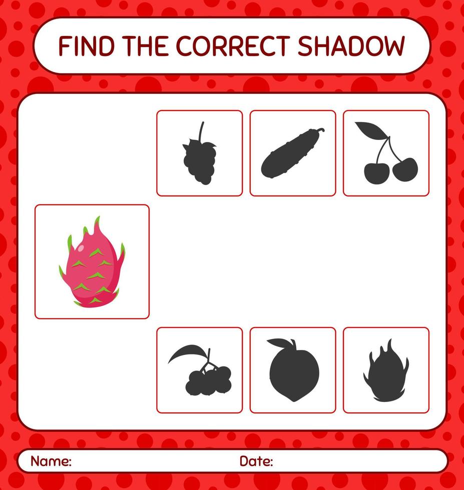 Find the correct shadows game with dragonfruit. worksheet for preschool kids, kids activity sheet vector