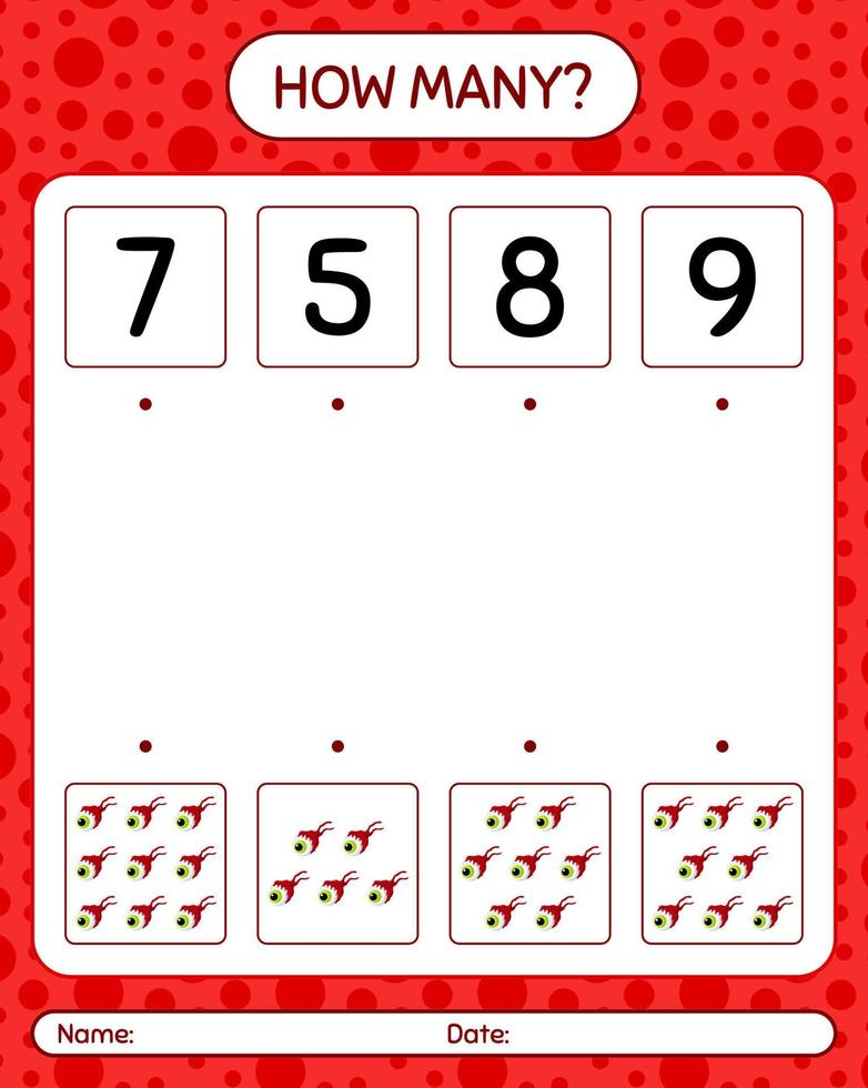 How many counting game with eyeball. worksheet for preschool kids, kids activity sheet vector