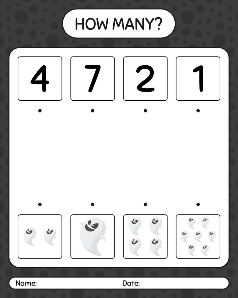 How many counting game with ghost. worksheet for preschool kids, kids activity sheet vector