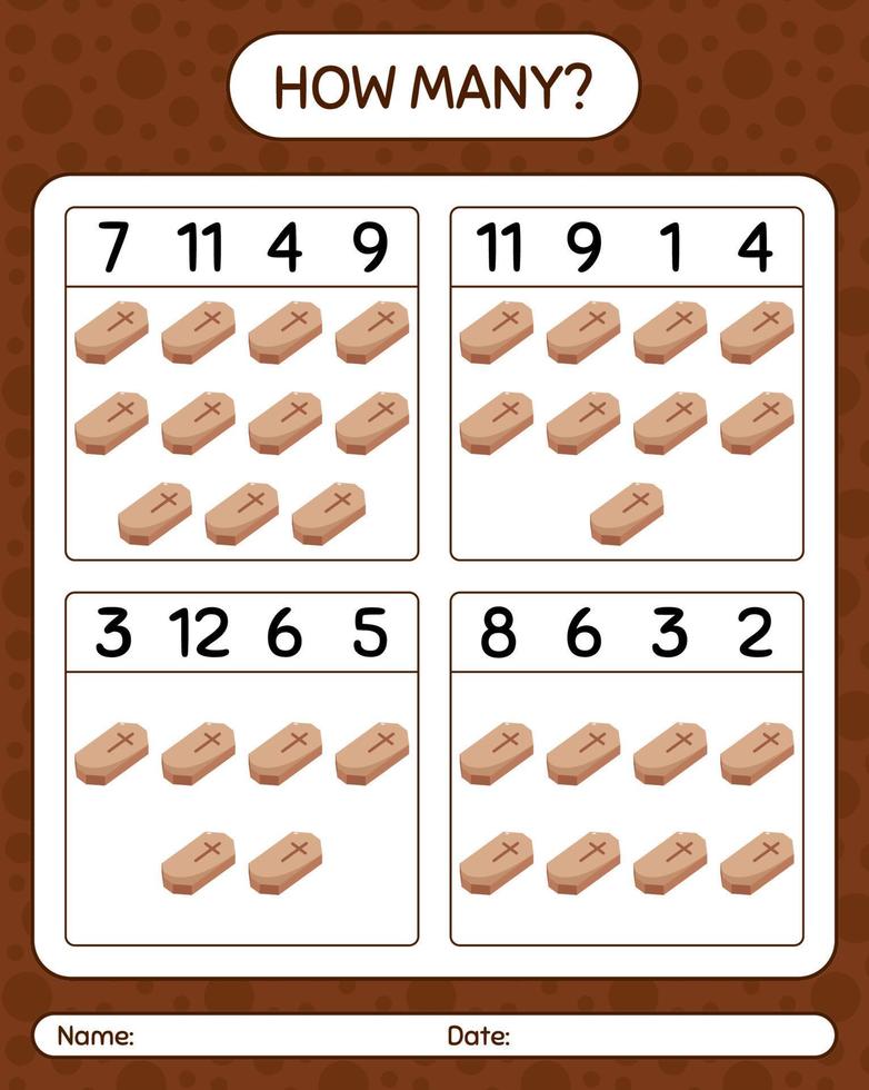 How many counting game with coffin. worksheet for preschool kids, kids activity sheet vector