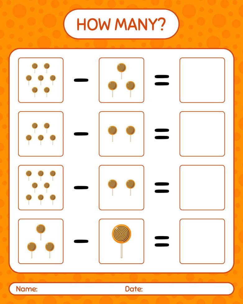 How many counting game with lollipop. worksheet for preschool kids, kids activity sheet vector