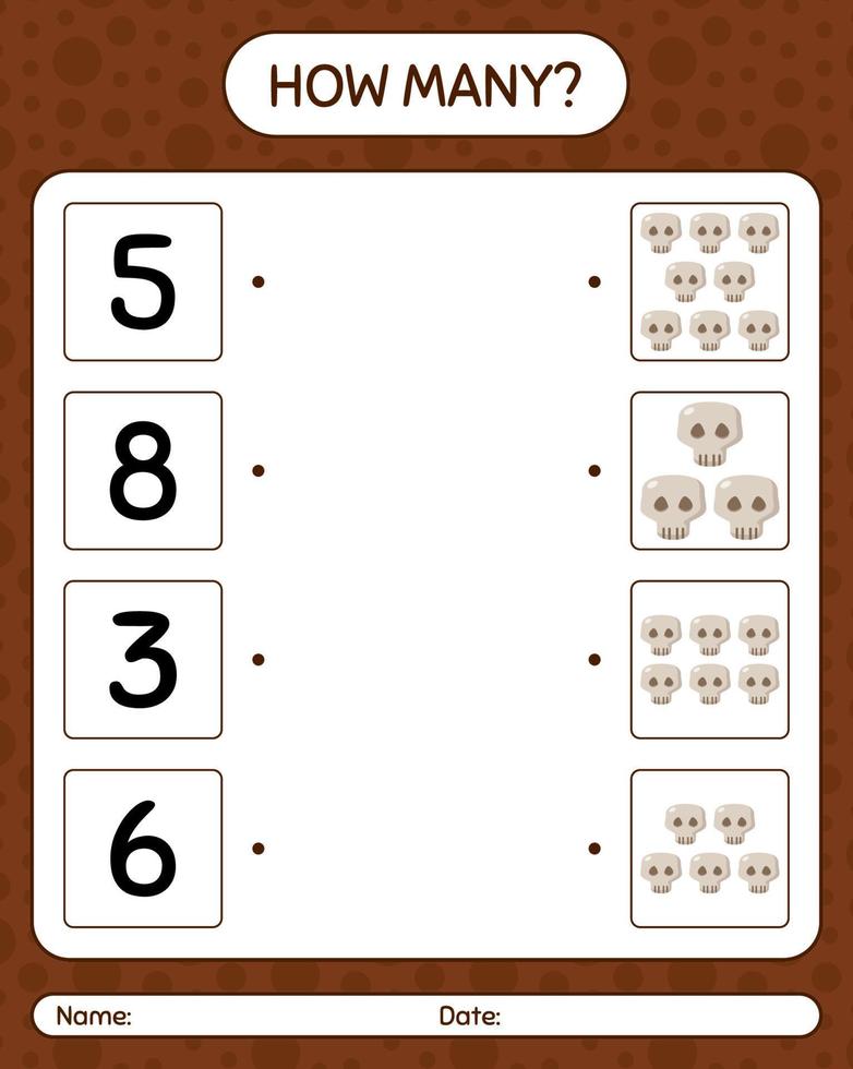 How many counting game with skull. worksheet for preschool kids, kids activity sheet vector