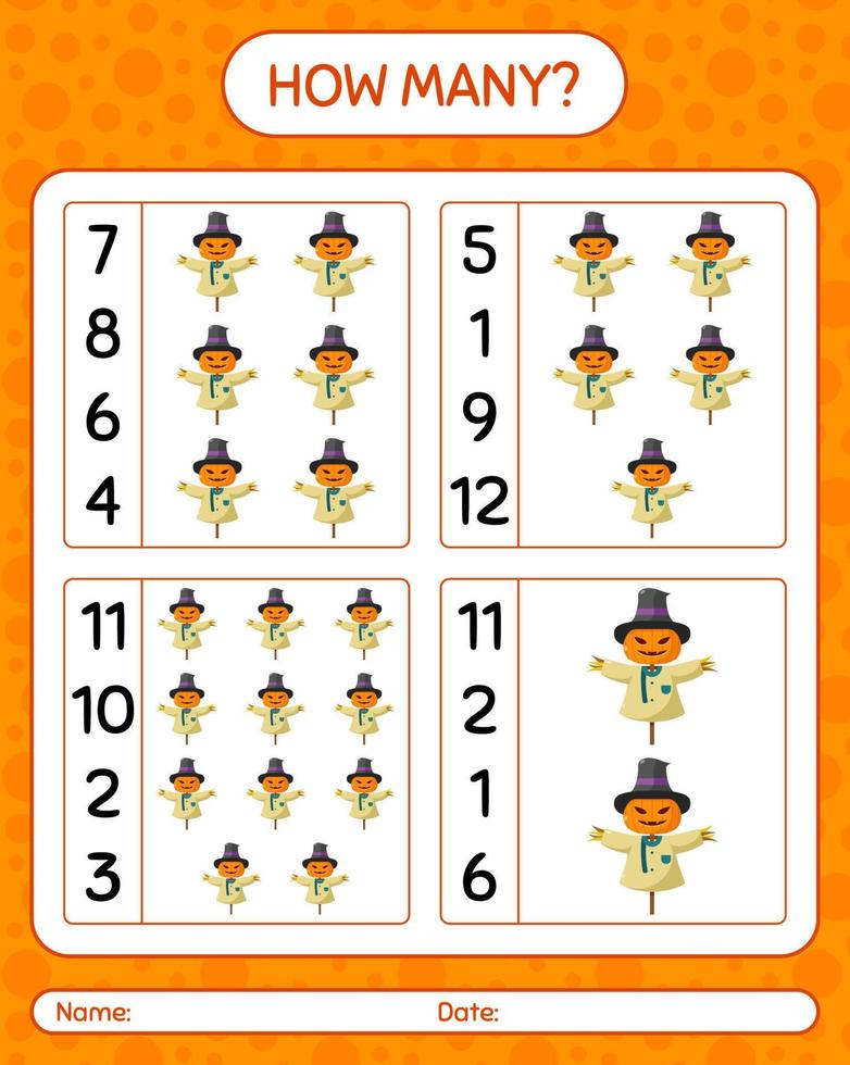 How many counting game with scarecrow. worksheet for preschool kids, kids activity sheet vector