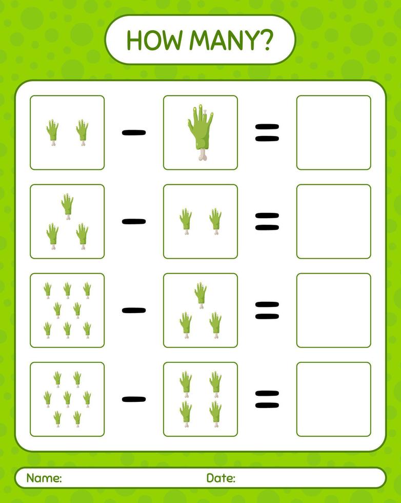 How many counting game with zombie's hand. worksheet for preschool kids, kids activity sheet vector