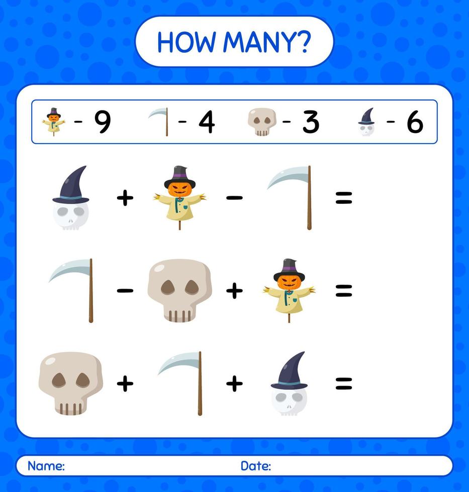How many counting game with halloween icon. worksheet for preschool kids, kids activity sheet vector