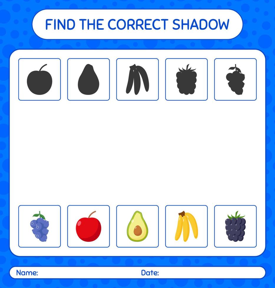 Find the correct shadows game with fruits. worksheet for preschool kids, kids activity sheet vector