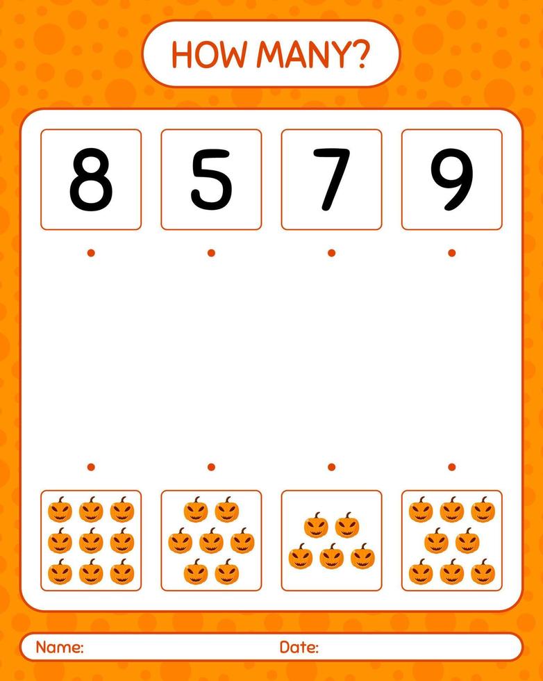 How many counting game with jack o' lantern. worksheet for preschool kids, kids activity sheet vector