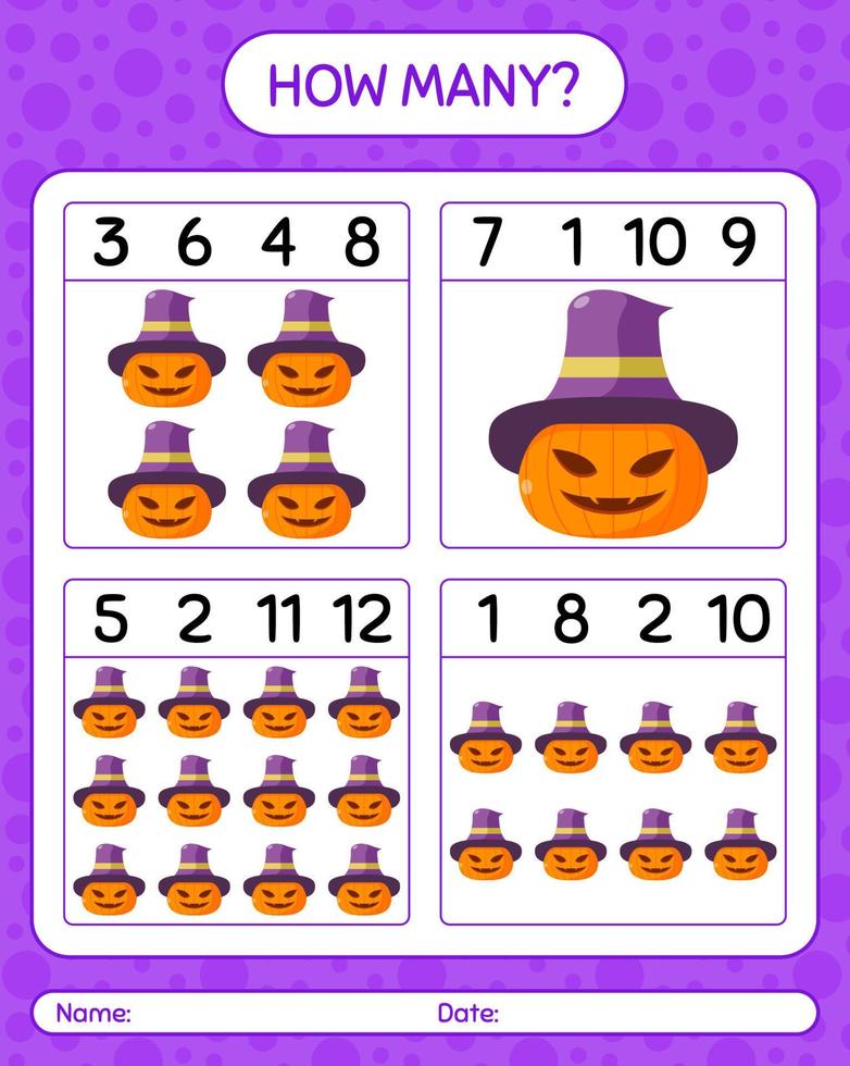 How many counting game with jack o' lantern. worksheet for preschool kids, kids activity sheet vector