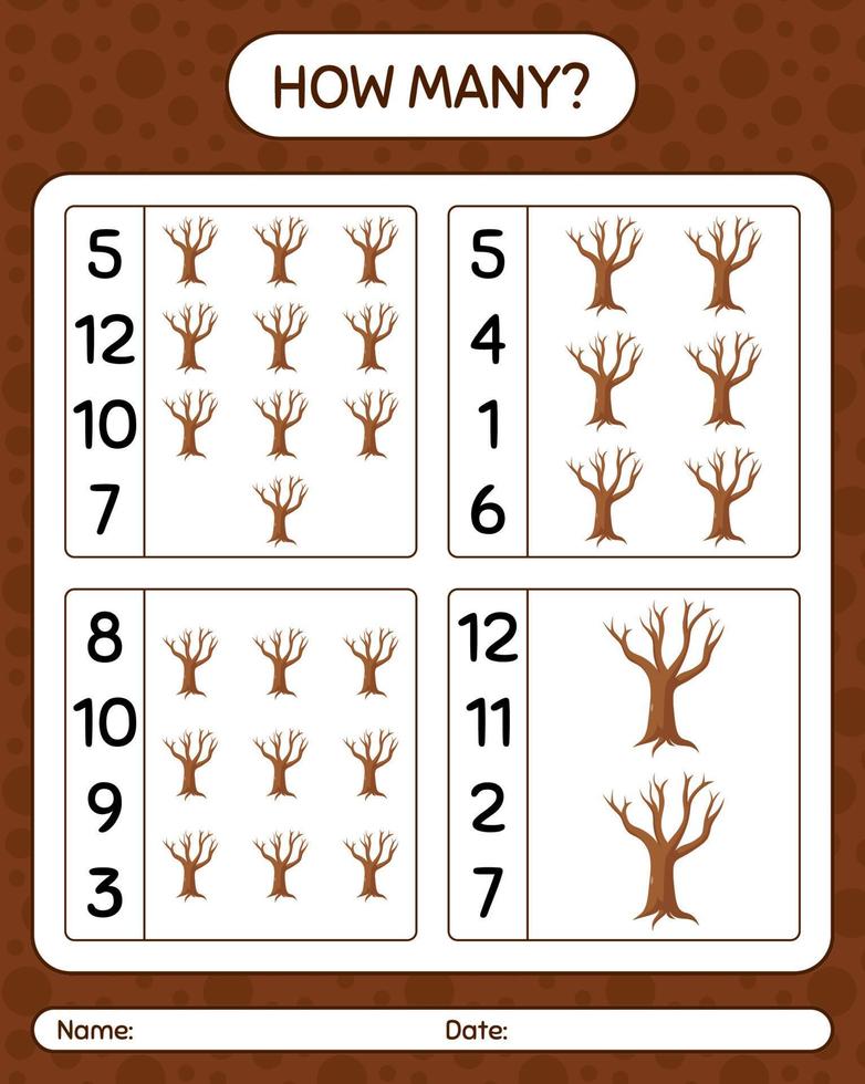 How many counting game with tree. worksheet for preschool kids, kids activity sheet vector