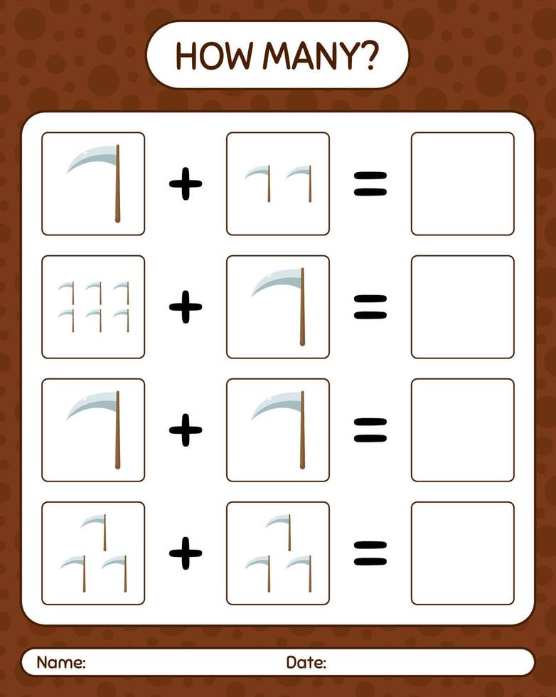 How many counting game with scythe. worksheet for preschool kids, kids activity sheet vector